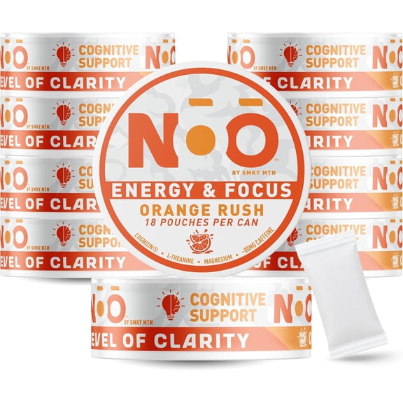 NOO Energy and Focus Support Nootropics Pouches - Orange Rush - 10 Pack - With Caffeine and Functional Ingredients to Support Focus, Alertness, and Cognitive Clarity - 18 Pouches per Pack