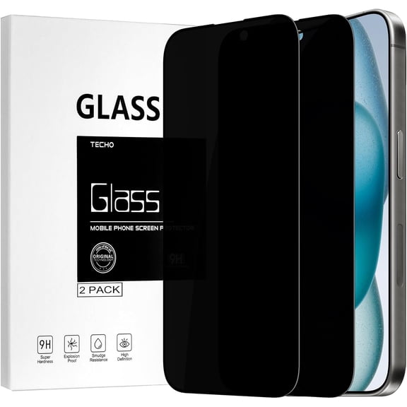 NOO Privacy Screen Protector for iPhone 16 Plus/iPhone 15 Plus Tempered Glass Film, Full Coverage Edge to Edge, Anti Spy Private, 9H Hardness, 2 Pack, 6.7 Inch