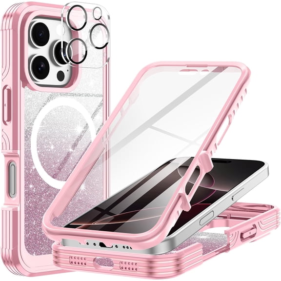 NOO for iPhone 16 Pro Max Case,Compatible with Magsafe[Built-in 9H Tempered Glass Screen Protector & Camera Lens Protector] Full Body Shockproof Protective Women Girl Bling Case,Pink Glitter