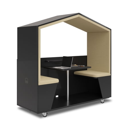 NOOK Air, Quiet Meeting and Work Pod, Portable, Acoustic Panels, Table, Two Benches, Lockable Casters, Storage Space, Versatile, 1-Year Warranty, (77” H x 79” W x 30” D) - Black