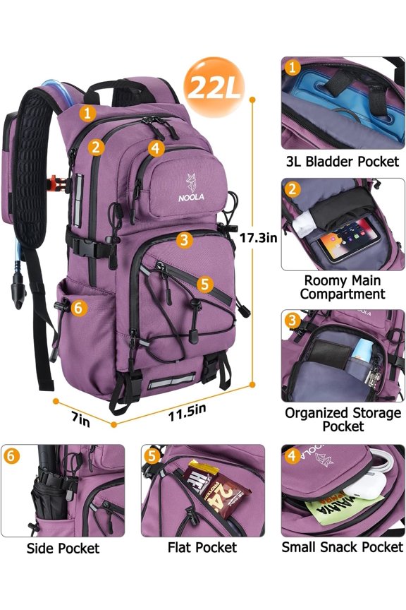 NOOLA Hydration Backpack with 3L Water Bladder, 22L / 25L Water Backpack for Hiking Cycling Biking, Lightweight Hiking Pack