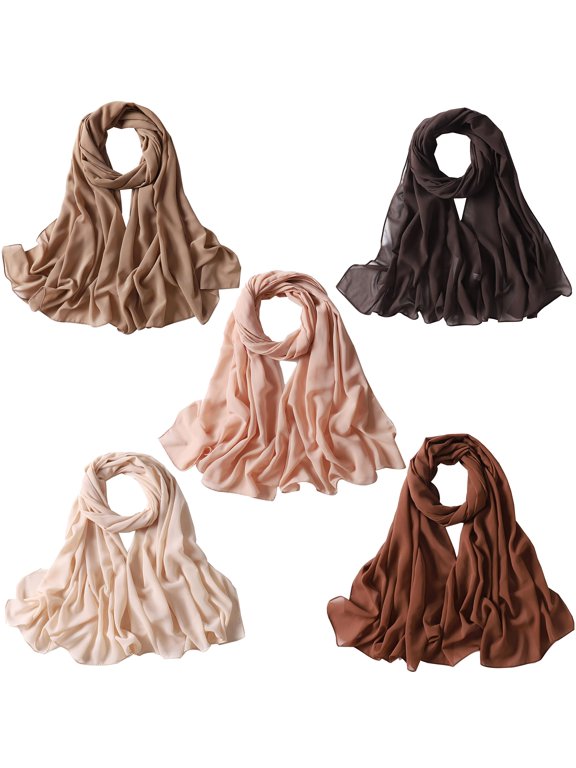 Chiffon Hijab Scarf for Women, 5 Pack Non Slip 69 x 27.5 Inch Wrap - Textured Non Slip Weave, 130 g per Scarf, 175 x 70 cm, 5 Coordinated Shades, Gold Gift Box, Everyday and Eid