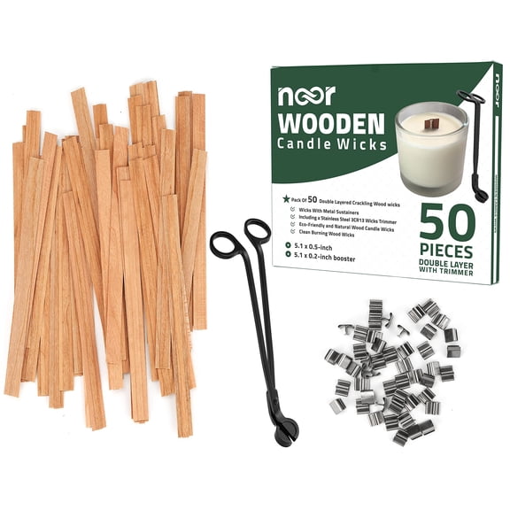 NOOR Wood Candle Wicks with Trimmer, 50 Pack Double Layer Crackling - Starter Set, Wick Trimmer Included, 5.1 x 0.5 in Base Plus 5.1 x 0.2 in Booster, 50 Metal Clips, Soy Blend and Beeswax