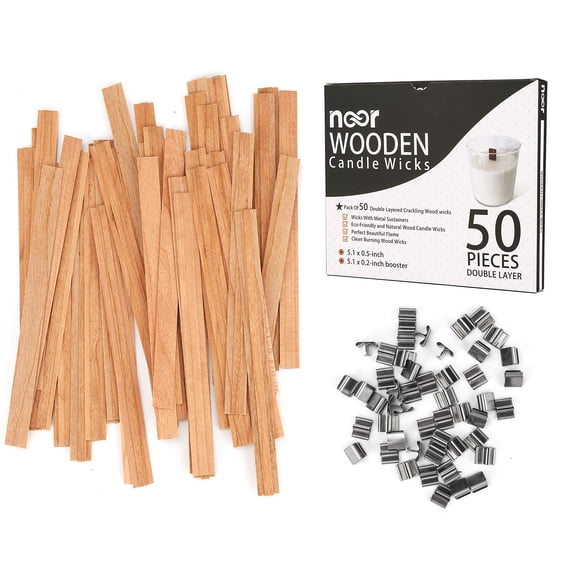 NOOR Wood Wicks for Candles, 50 Pack Double Layer Crackling with Clips - 5.1 x 0.5 in Base Bonded to 5.1 x 0.2 in Booster, 50 Metal Clips, Fits 2.25 to 3.25 in Jars, Soy Blend and Beeswax