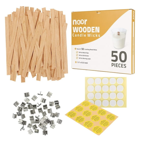 NOOR Crackling Wooden Wicks for Candles - Pack of 50 Pcs 5.1 x 0.5 inch Wood Wicks with Metal Sustainers, EVA Stickers and Warning Labels - Eco-Friendly Wooden Candle Wick