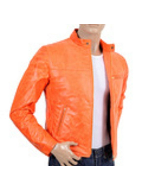 Fight Club Mens Hot ORANGE Hollywood Film Style Leather Reefer Jacket QD47