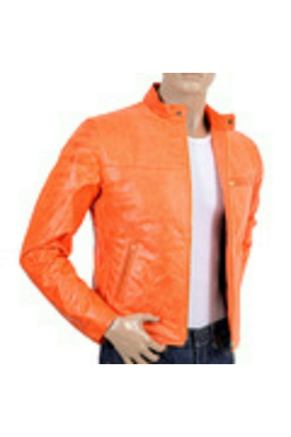 Fight Club Mens Hot ORANGE Hollywood Film Style Leather Reefer Jacket QD47