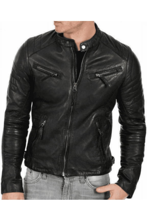 Lambskin Leather Men's Handmade Café Racer Riding Slim Fit Black Biker Leather Jacket |  Black Solid Biker jacket With Zipper SU0563