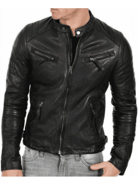 Lambskin Leather Men's Handmade Café Racer Riding Slim Fit Black Biker Leather Jacket | Black Solid Biker jacket With Zipper SU0563
