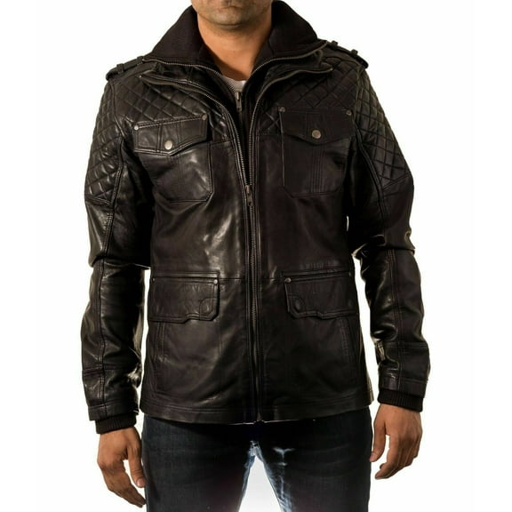 NOORA Men Biker Leather Jacket Black Double Layered Collar & Zip Real Leather QD42