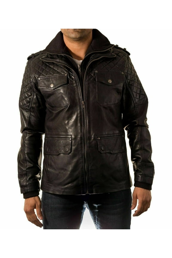Men Biker Leather Jacket Black Double Layered Collar & Zip Real Leather QD42