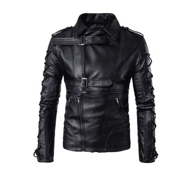 NOORA New Men's Fashion Vintage Cafe Racer Lace Up Leather Jacket Black Shiny Lambskin Leather Belted Jacket YK031