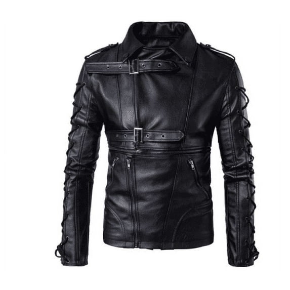 NOORA New Men's Fashion Vintage Cafe Racer Lace Up Leather Jacket Black Shiny Lambskin Leather Belted Jacket YK031