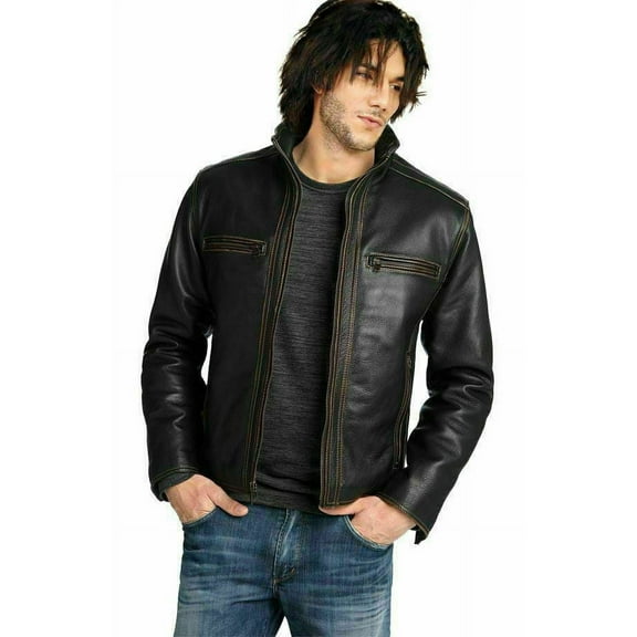 NOORA New Men's Lambskin Leather Black Jacket Bikers Bomber Modern Styles