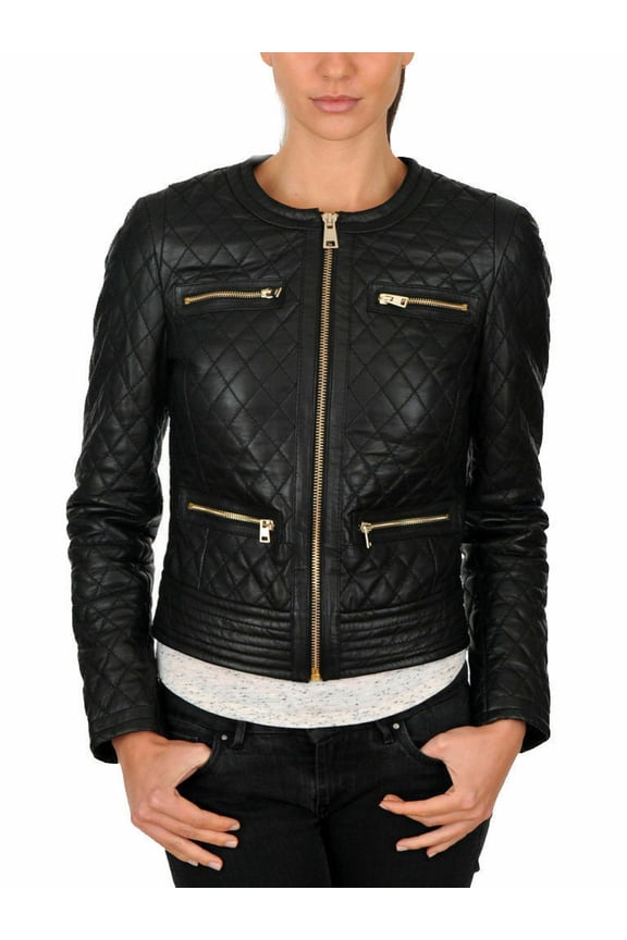 WOMEN'S DIAMOND QUILTED LADIES SLIM FIT BLACK BIKER LEATHER JACKET