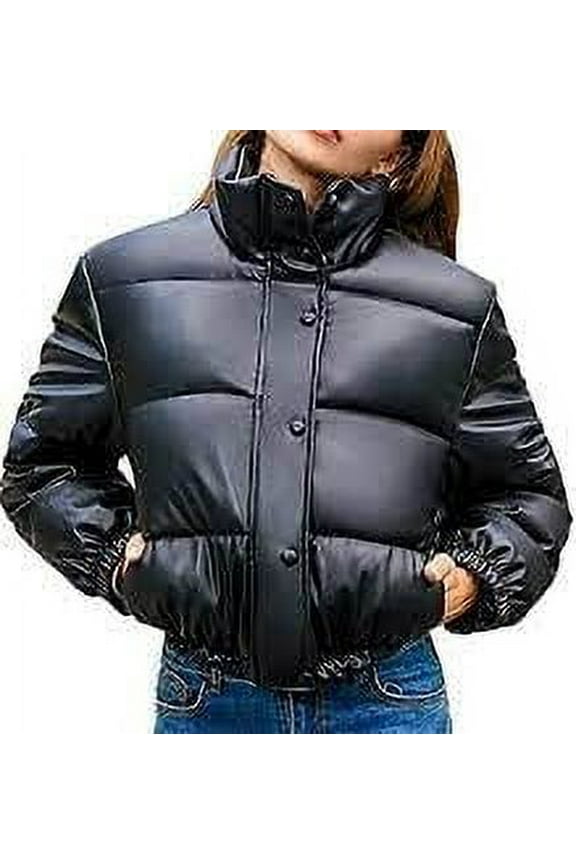 Womens Black Leather Crop Bubble Coat Puffer Quilted Jacket With Zipper & Pocket | Zip Up Leather jacket |
