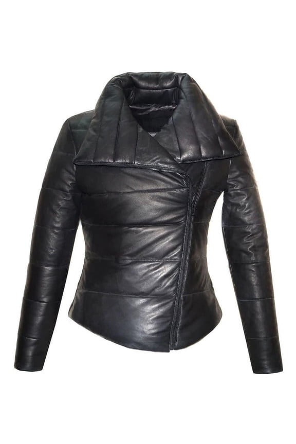 Womens Black Leather Puffer Quilted Jacket With Side Zipper & Pocket | Zip Up Leather jacket | JS34