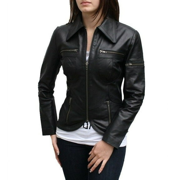 NOORA  Womens  Lambskin Black Leather Biker Jacket With Zipper & Pocket | Zip On Sleeves | Collared Jacket | ST05