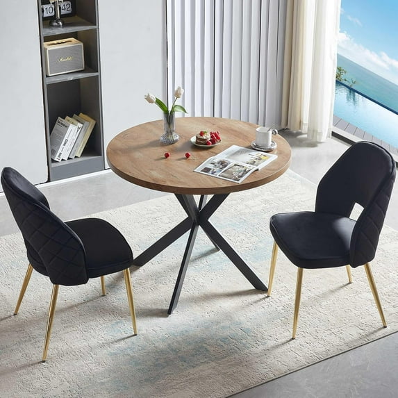 NORDICANA 3-Pieces 37-Inch Dining Table Set for 2 - Space Saving MDF Round Table with 2 Chairs Velvet Upholstered