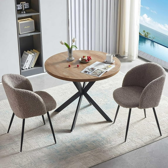 NORDICANA 3 Pieces 37-Inch Round Dining Table and Upholstered Chairs for Two Person, MDF Table-top, Light Brown Fuzzy Sherpa Armchairs with Black Metal Leg for Kitchen, Reception Room