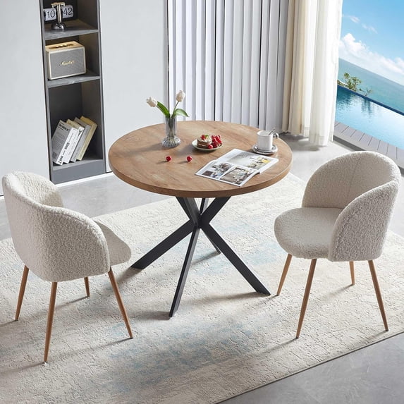 NORDICANA 3 Pieces 37-Inch Round Dining Table and Upholstered Chairs for Two Person, MDF Table-top, Off White Fuzzy Sherpa Armchairs with Wood Grain Metal Leg for Kitchen, Reception Room
