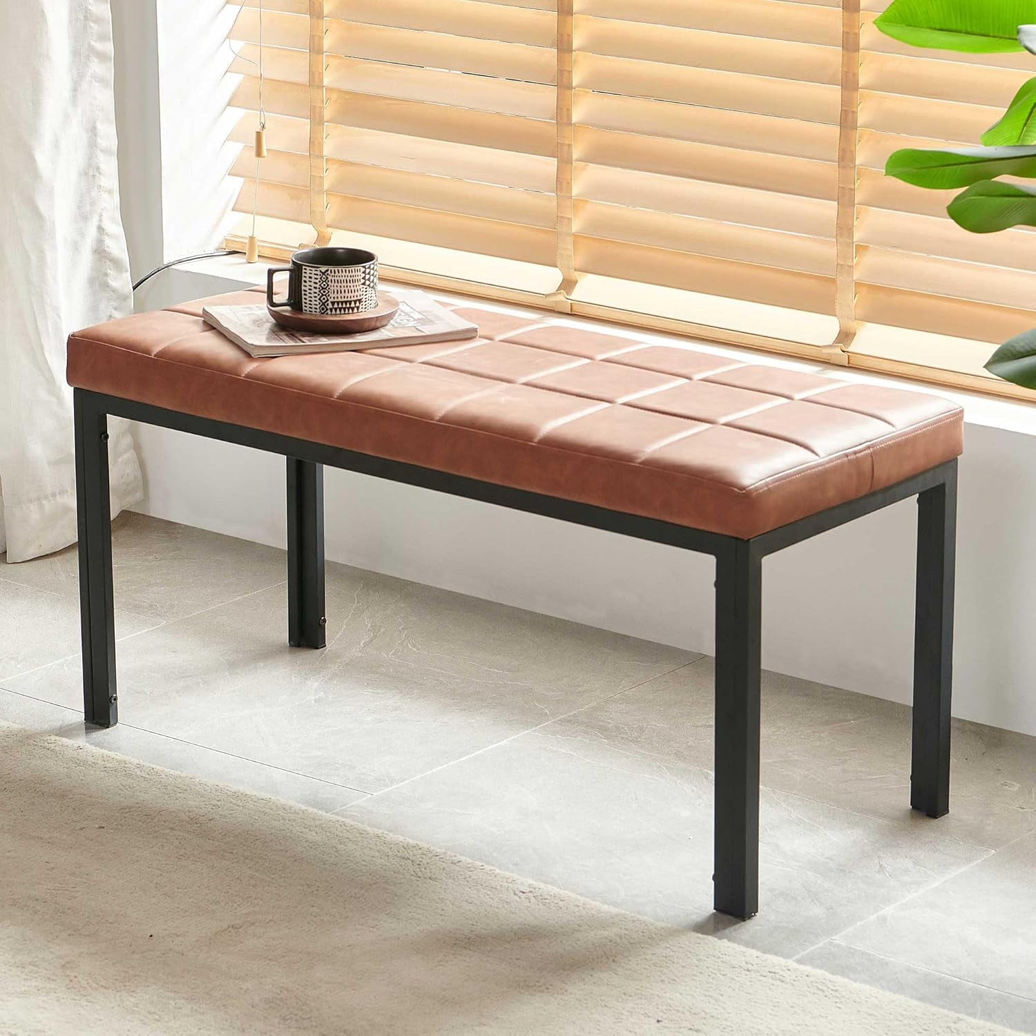 NORDICANA 36.6 Inch Modern Faux Leather Upholstered Dining Bench, Brown ...