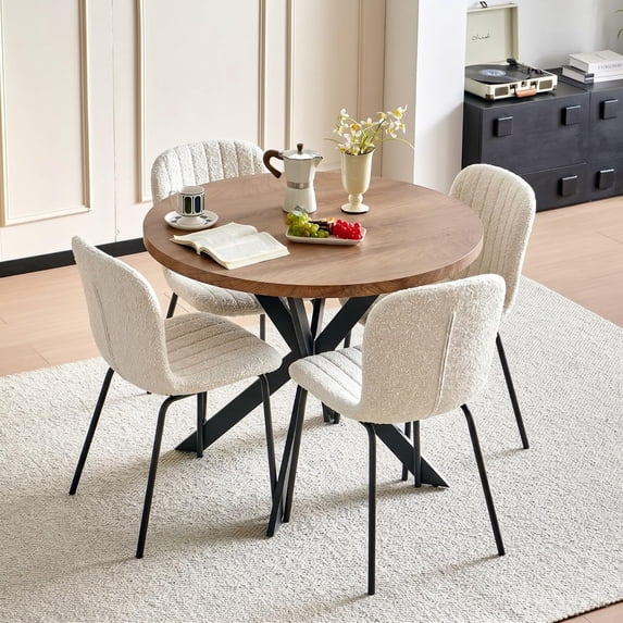 NORDICANA 37 Inch Round Dining Table Set for 4, Modern Small Circle Kitchen Coffee Set for Apartment Living Room Office, Save Space(Brown Wooden Table + 4 White Boucle Chairs)