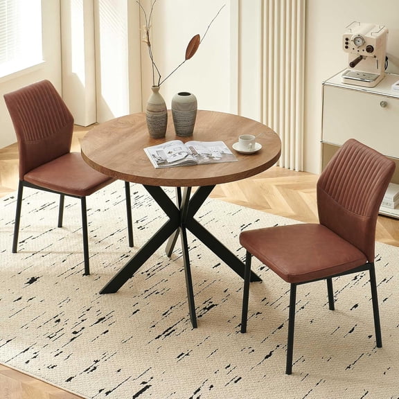 NORDICANA 37" Round Dining Table Set for 2, Mid Century Modern Small Coffee Set for Dining Room Kitchen Apartment (Brown Table + 2 PU Leather Brown Chairs)