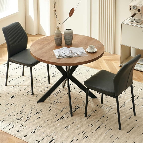 NORDICANA 37" Round Dining Table Set for 2, Mid Century Modern Small Coffee Set for Dining Room Kitchen Apartment (Brown Table + 2 PU Leather Gray Chairs)
