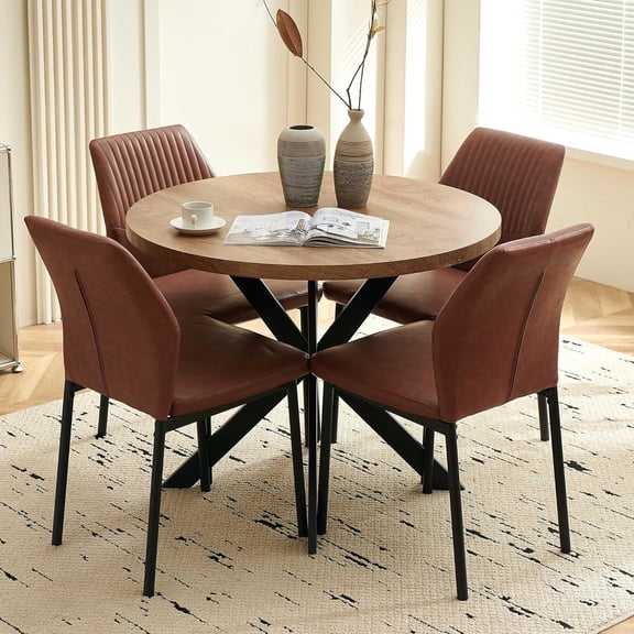 NORDICANA 37" Round Dining Table Set for 4, Mid Century Modern Small Coffee Set for Dining Room Kitchen Apartment (Brown Table + 4 PU Leather Brown Chairs)