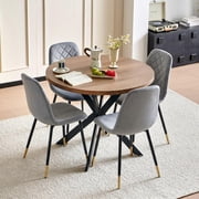 NORDICANA 37" Round Table Set for 4, Mid Century Modern Small Kitchen Table Set, Space Saving, Dinette for Home, Apartment, Dining Room  Wooden Table+ 4 Grey Velvet Chairs