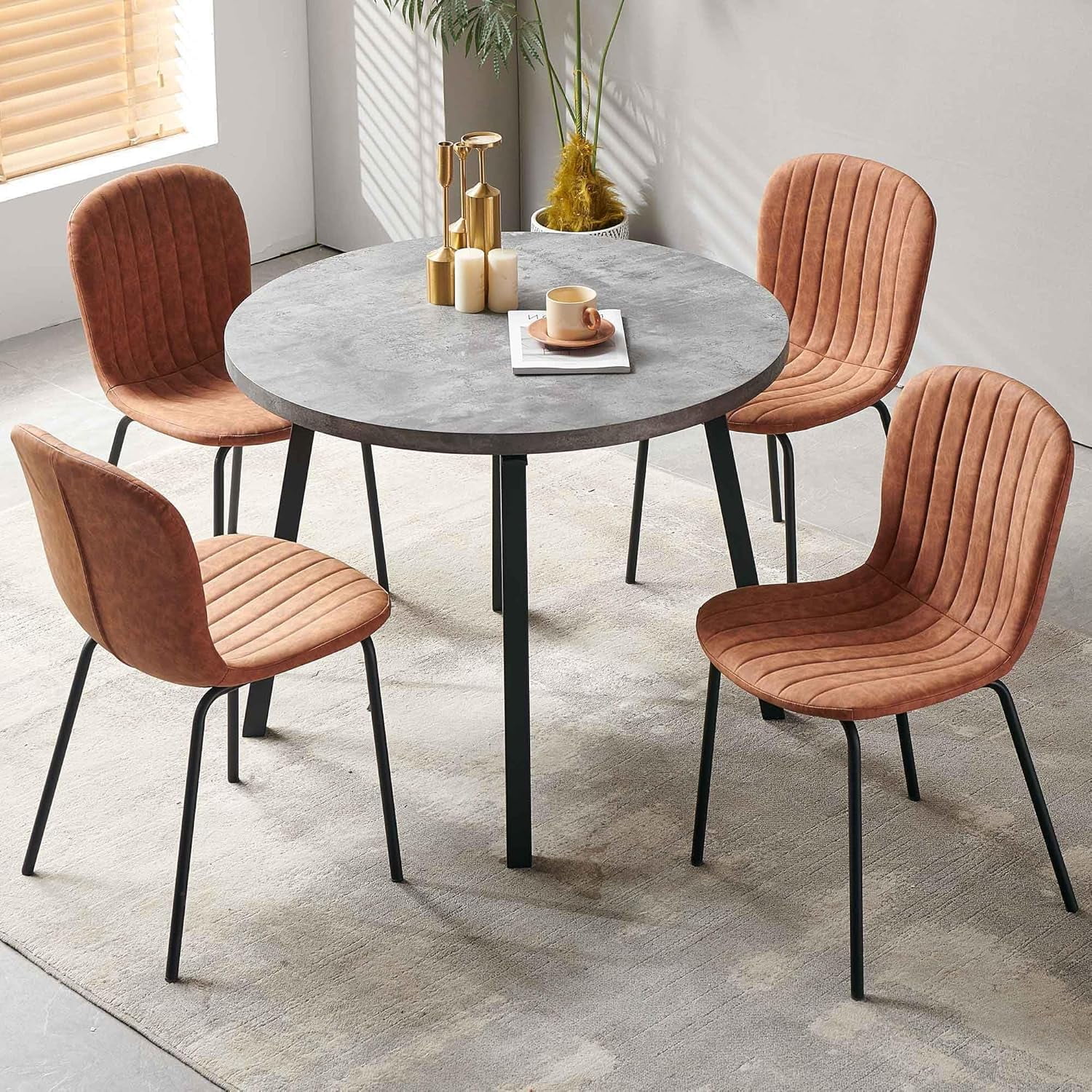 Gray Faux-Stone Round Dining Table Set with Upholstered Chairs