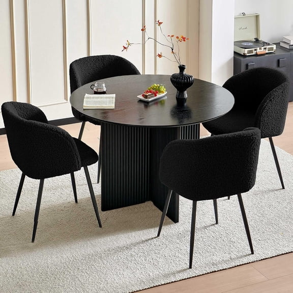 NORDICANA 43.39" Black Dining Table Set for 4, Wooden Kitchen Table Fluted with Upholstered Arm Chairs, Industrial Dinette Set for Studio, Kitchen, Dining Room, Apartment, Two-Part Veneer Tabletop