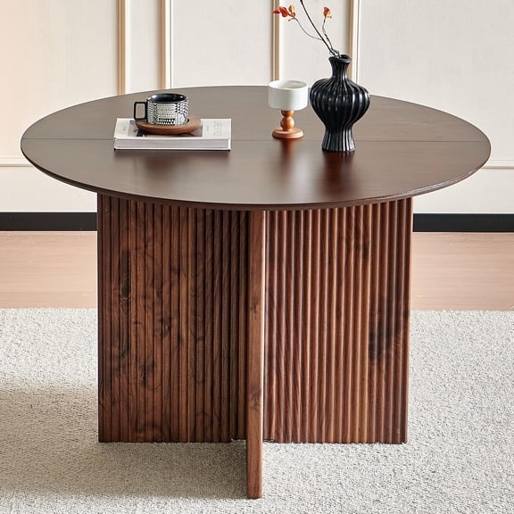 NORDICANA 43.39" Fluted Round Kitchen Dining Table with Pedestal Base for Living Room | Walnut Veneer & Two-Part Tabletop,Rustic Brown Breakfast Nook Dinner Table for 4-6