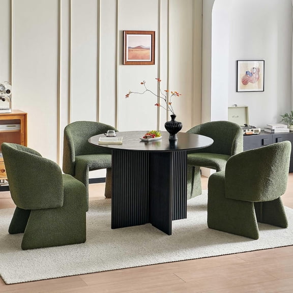NORDICANA 43.39-in Black Round Kitchen Table with Green Chairs Set for 4 Modern Mid Century Dining Set for Kitchen Dining Room| Veneer & Two-Part Tabletop| Uphoslstered Barrel Chairs Fully Wrapped