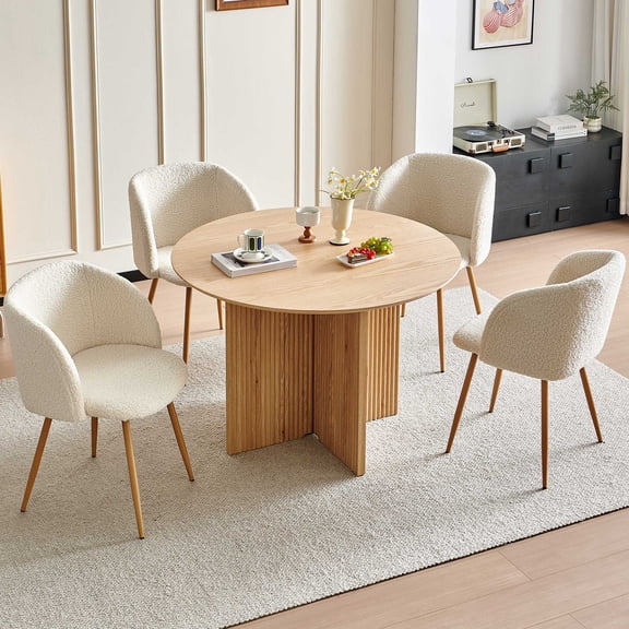 NORDICANA 43.39-in Round Dining Table Set for 4 with Arm Chairs Upholstered Modern Mid Century Pedestal Kitchen Table Chairs Set for Dining Living Room | Oak Veneer Tabletop, Fluted Wood Striped Base