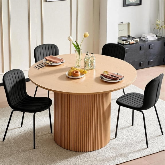 NORDICANA 47" Oak Round Dining Table Set for 4, Mid Century Modern Wooden Kitchen Table and Black Chairs Set, Space-Saving Breakfast Dinette Set