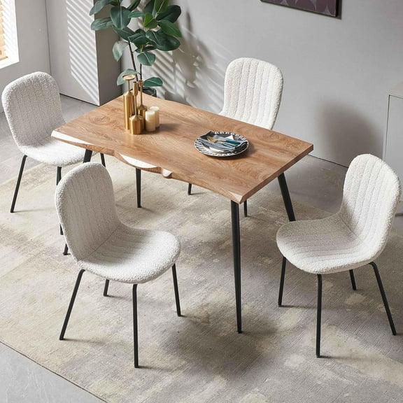NORDICANA 47 in Rectangular Dining Room Table Set with Upholstered Faux Fur Dining Chairs for 4 Person, 5-Piece Beige Boucle Side Table and Chairs Set