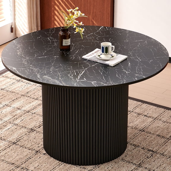 NORDICANA 47" Round Dining Table Fluted,Black Marble Grain Tabletop&Wood Strip Base