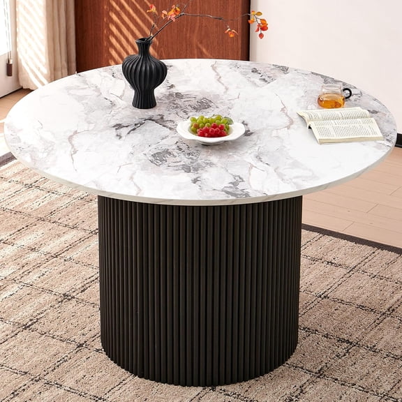 NORDICANA 47" Round Dining Table Fluted,White Marble Grain Tabletop&Wood Strip Base