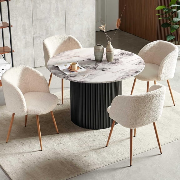 NORDICANA 47" Round Dining Table Set for 4,Industrial Circle Kitchen Table Set with Off White Sherpa Barrel Dining Accent Side Chairs Set