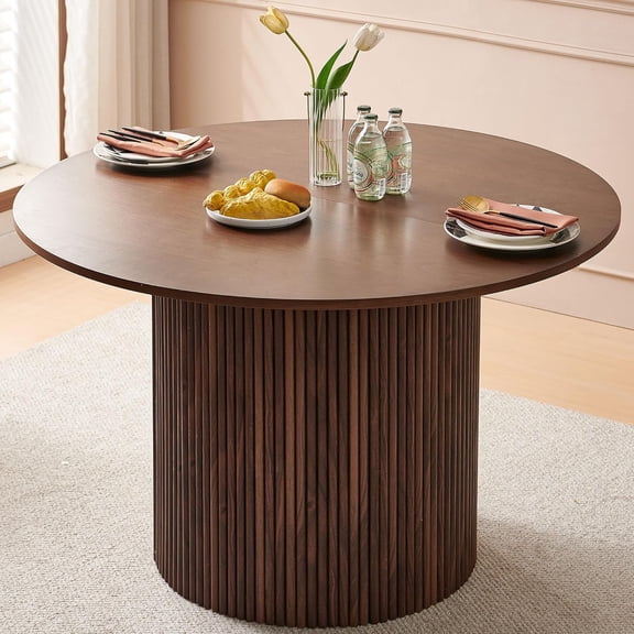 NORDICANA 47" Round Kitchen Dining Table Fluted,Walnut Veneer Tabletop, Wood Strip Base