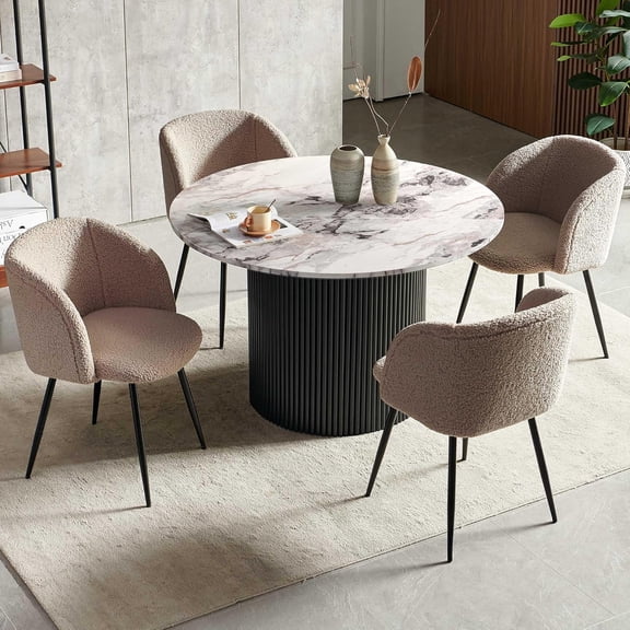 NORDICANA 47" Round Wooden Kitchen Dining Table Set for 4, Industrial Breakfast Nook Table Set with Brown Sherpa Barrel Dining Side Chairs, Two-Part Tabletop