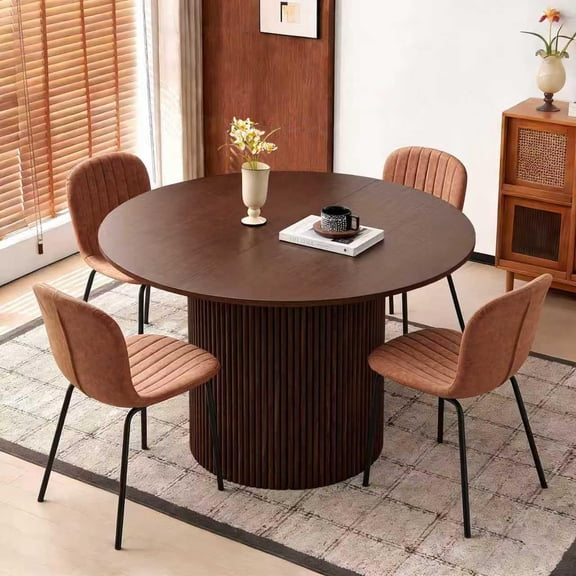 NORDICANA 47" Walnut Round Dining Table Set for 4 with Leather Chairs, Mid Century Modern Wooden Kitchen Table and Brown Chairs Set, Space-Saving Breakfast Dinette Set
