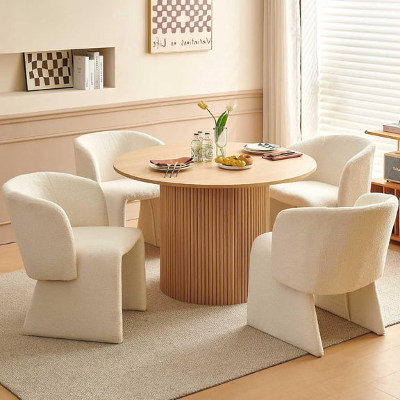 NORDICANA 47-in Round Dining Table with 4 Chairs Set, Modern Kitchen Table with Two-Part Oak Wood Finish Tabletop and Wooden Strip Base, Fully Wrapped Teddy Velvet Barrel Dining Accent Chairs