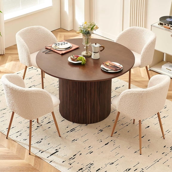 NORDICANA 5 Piece 47-inch Round Dining Table Set for 4, Rustic Walnut Dinner Table with Upholstered Sherpa Dining Room Chairs Set