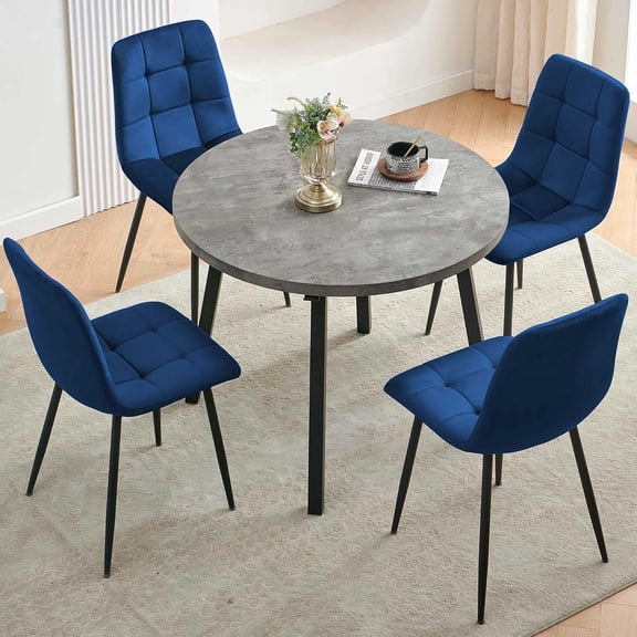 NORDICANA 5-Piece Dining Room Table Set for 4, Grey Engineered Wood Coffee Breakfast Table with Hooks, 4 Soft Velvet Kitchen Dining Chairs