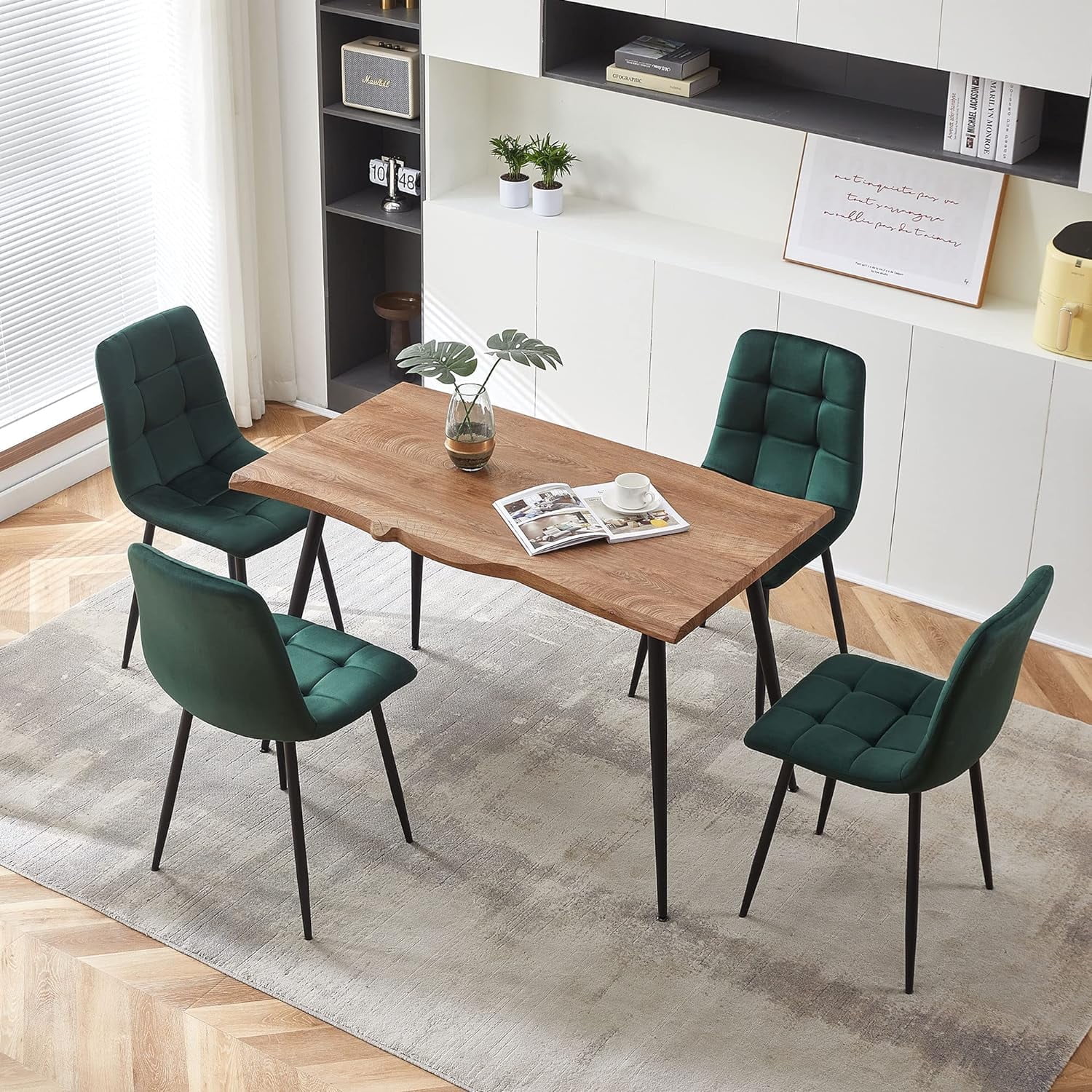 Dark Green Velvet Upholstered Dining Chairs with Wooden Table