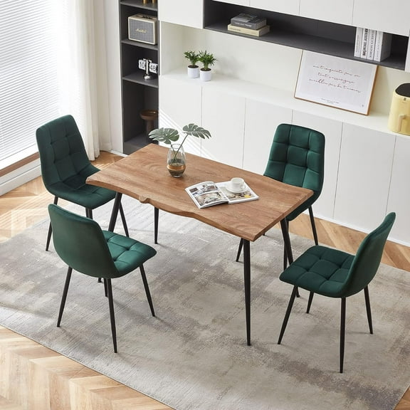 NORDICANA 5-Piece Dining Table Set,47" Modern Live Edge Kitchen Table & 4 Green Velvet Upholstery Dining Chairs