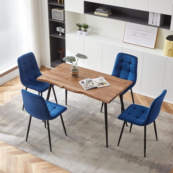 NORDICANA 5-Piece Dining Table Set,47" Modern Live Edge Kitchen Table & 4 Navy Blue Velvet Upholstery Dining Chairs